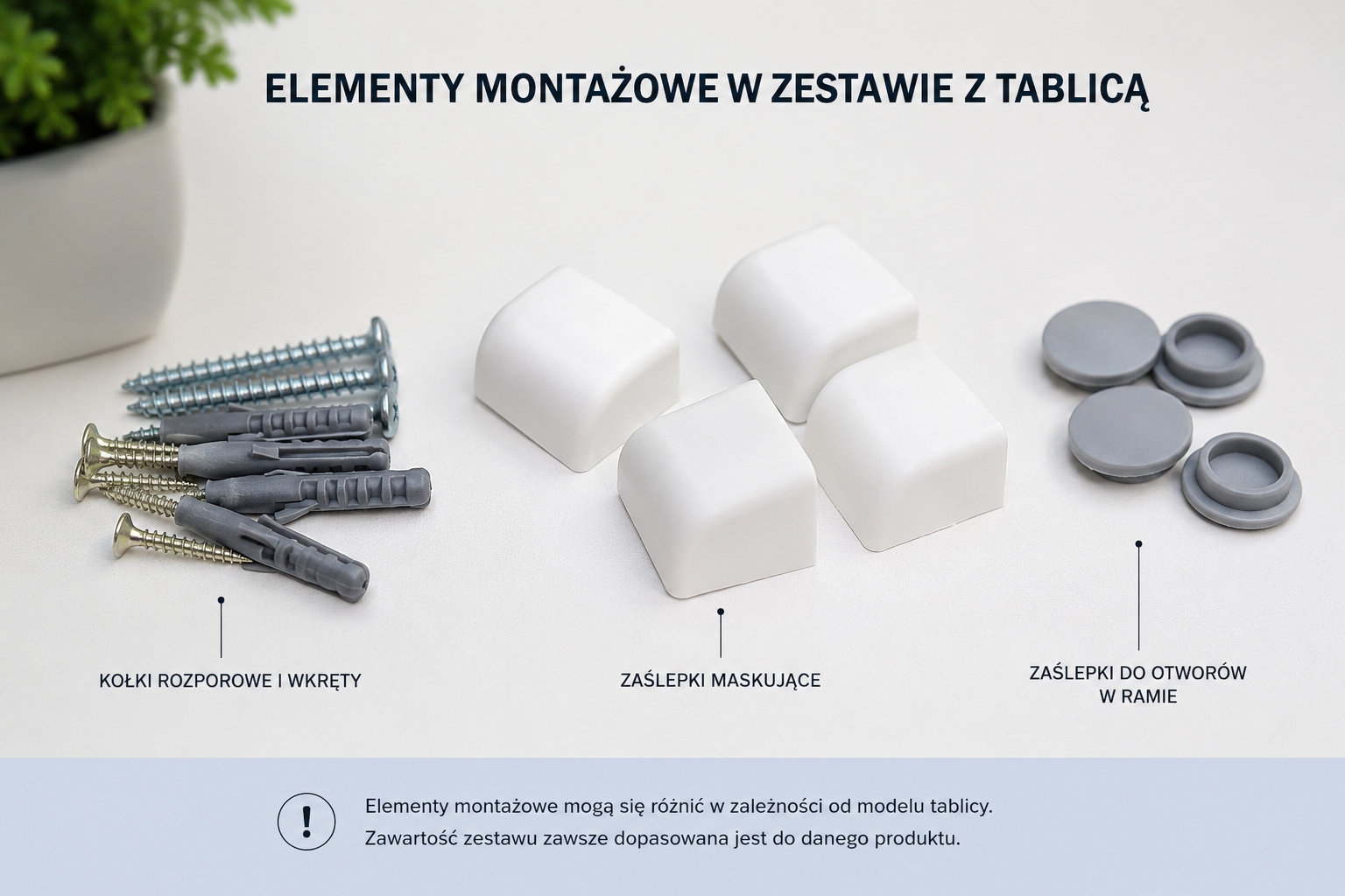 Elementy montażowe do tablicy suchościeralnej: kołki, wkręty i zaślepki