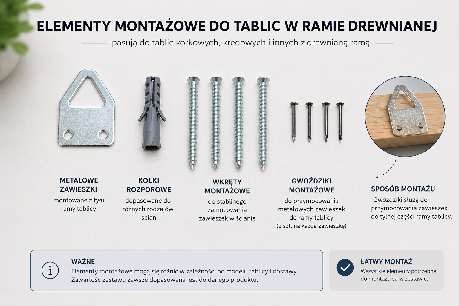 Metalowe zawieszki montażowe w tablicy korkowej